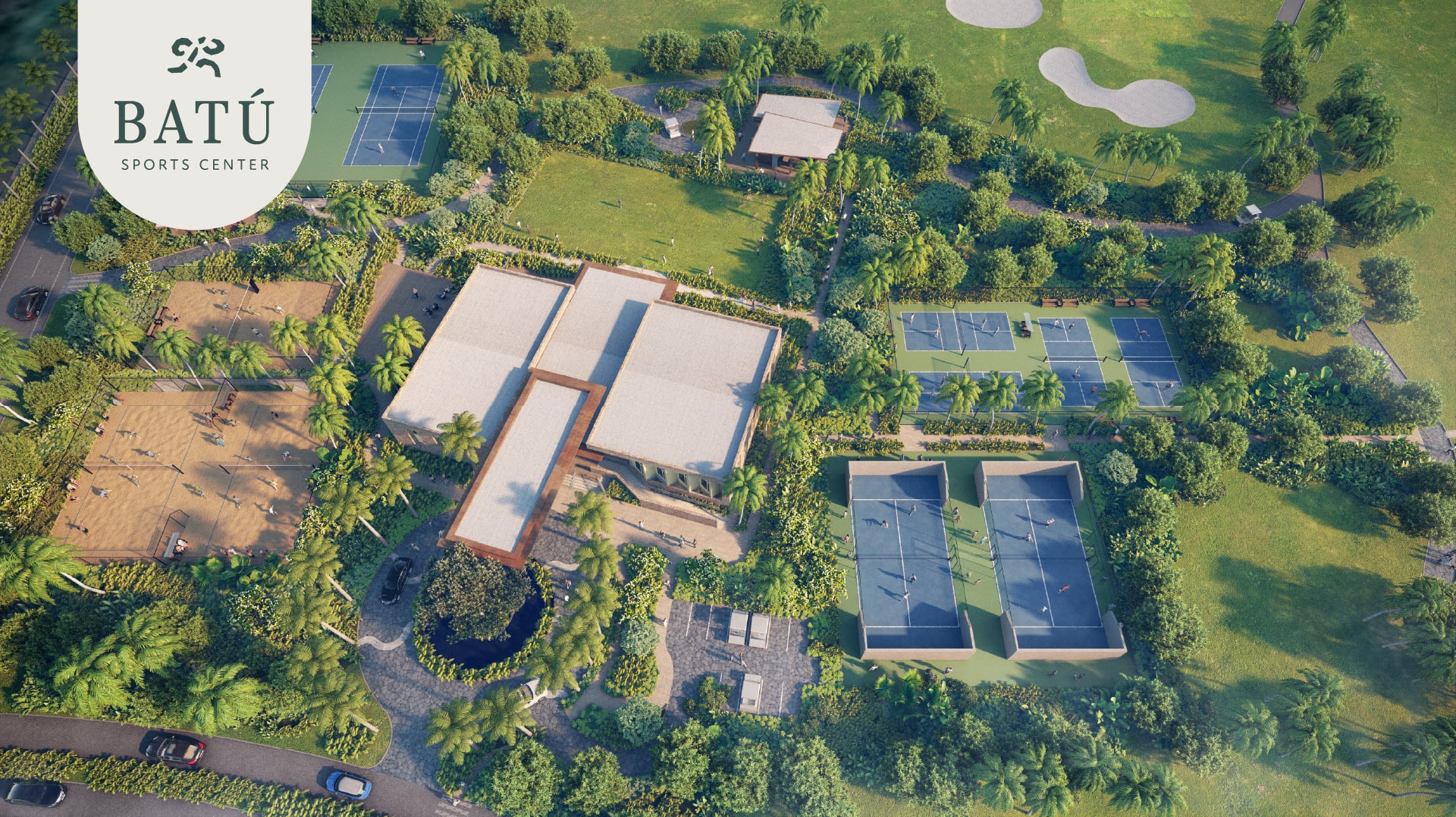 An aerial view of the exquisite BATÚ Sports Center at Grand Reserve, showcasing top-tier tennis courts amid a tropical paradise
