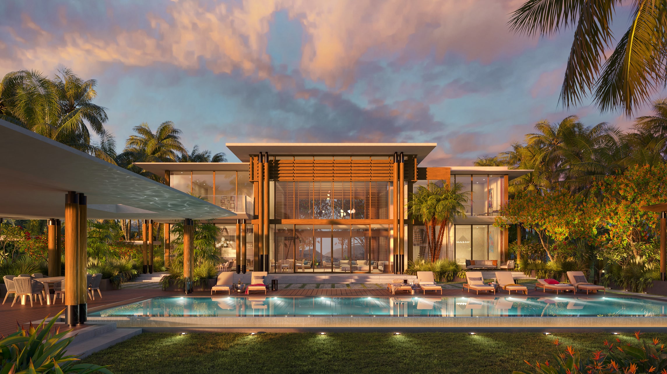 Twilight descends on a contemporary Marea villa at the Grand Reserve, with its striking design illuminated against the evening sky, reflecting upscale tropical living.